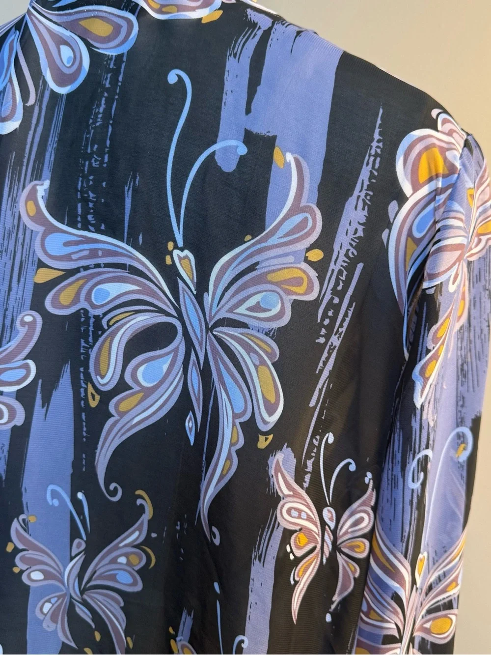 Bob Mackie Black Lavender Floral Print Sheer Blazer, 1X